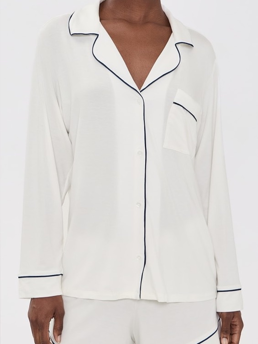 Eberjey Gisele TENCEL Modal Pajama Top Ivory Navy Piping Button Front M